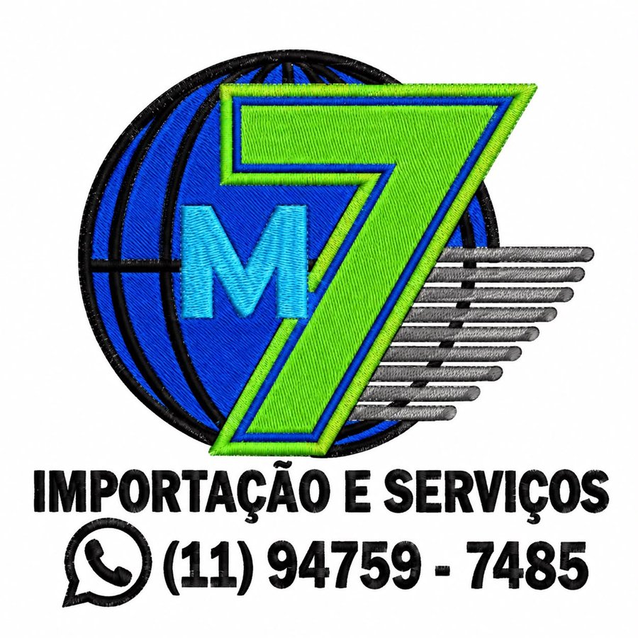 Logotipo bordado da M7 Importação e Serviços com o WhatsApp (11) 94759-7485